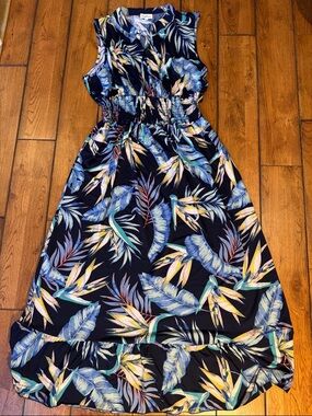 Sleeveless Navy Tropical Maxi Dress with Smocked Waist